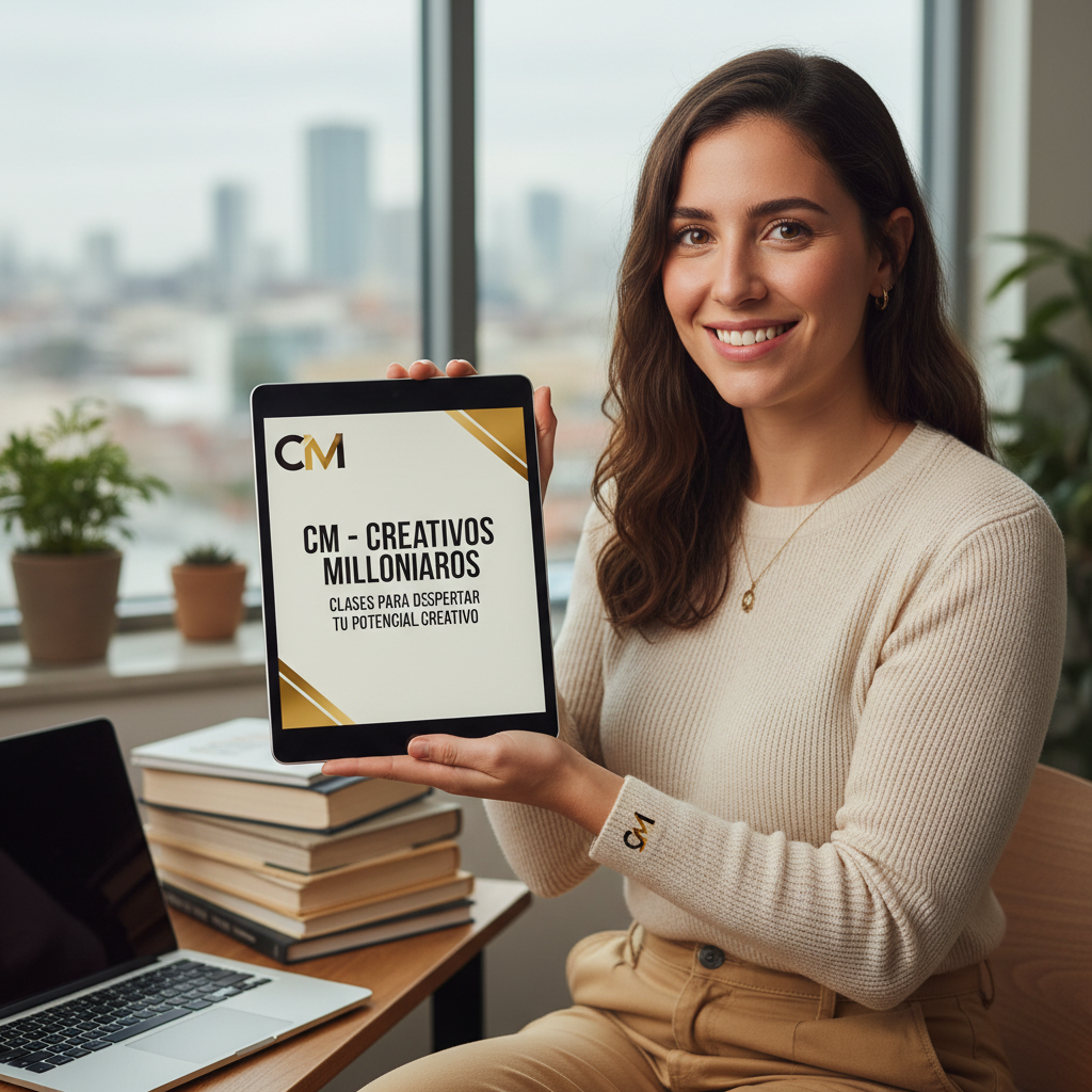 Mujer sosteniendo una tableta con el curso CM - Creativos Millonarios